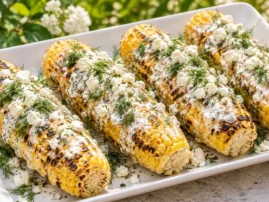 Grilled corn with lemon yogurt, crumbled feta, and fresh dill.
