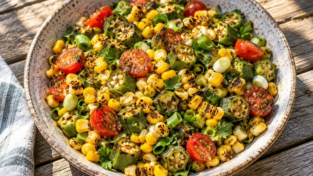 Grilled corn and okra salad with cherry tomatoes and mustard vinaigrette.