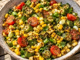 Grilled corn and okra salad with cherry tomatoes and mustard vinaigrette.