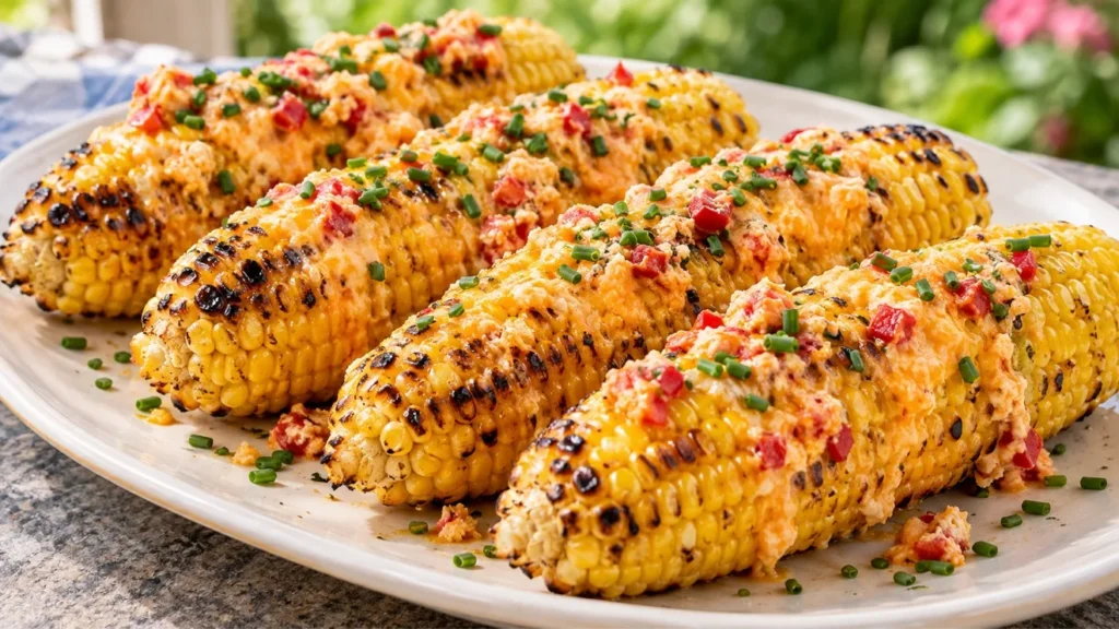 Grilled corn topped with pimento cheese butter and chopped chives.