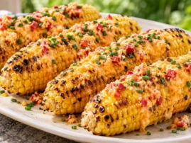 Grilled corn topped with pimento cheese butter and chopped chives.