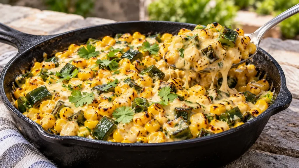 Creamy grilled corn and poblano skillet with smoked Gouda and cilantro.