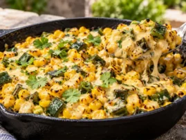Creamy grilled corn and poblano skillet with smoked Gouda and cilantro.