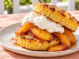 Grilled cornbread shortcake with warm peaches and whipped cream.