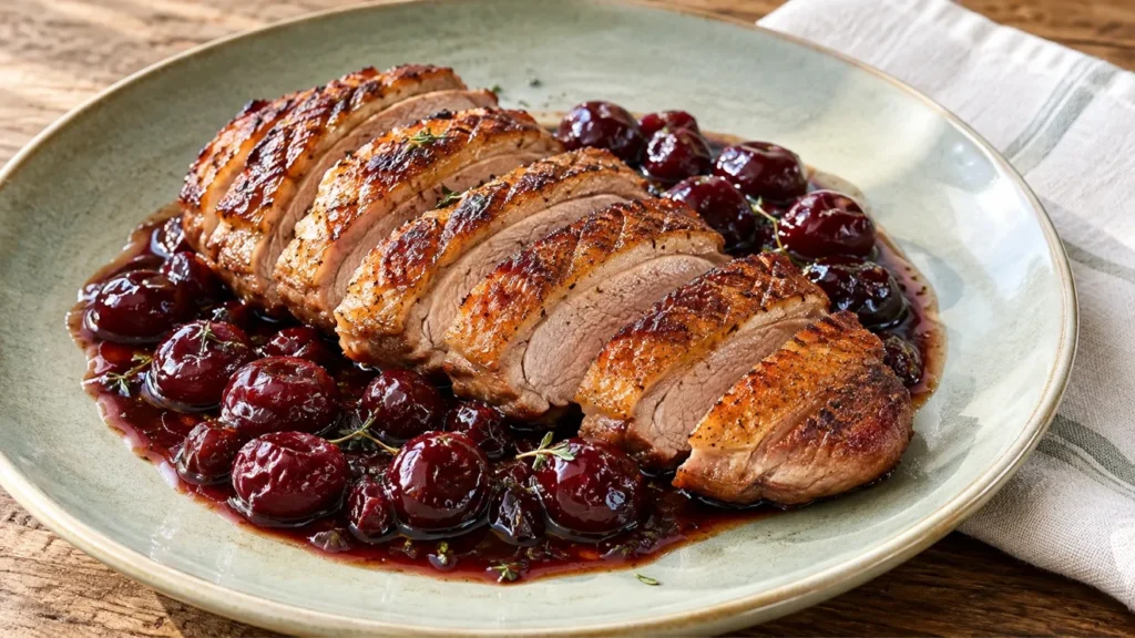 Sliced grilled duck breast with sour cherry–balsamic sauce.