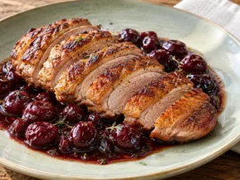 Sliced grilled duck breast with sour cherry–balsamic sauce.