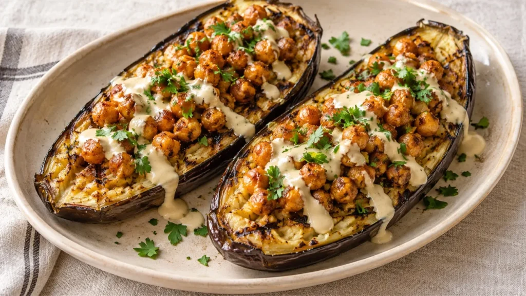 Grilled eggplant boats with crispy chickpeas and lemon tahini sauce.