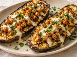 Grilled eggplant boats with crispy chickpeas and lemon tahini sauce.