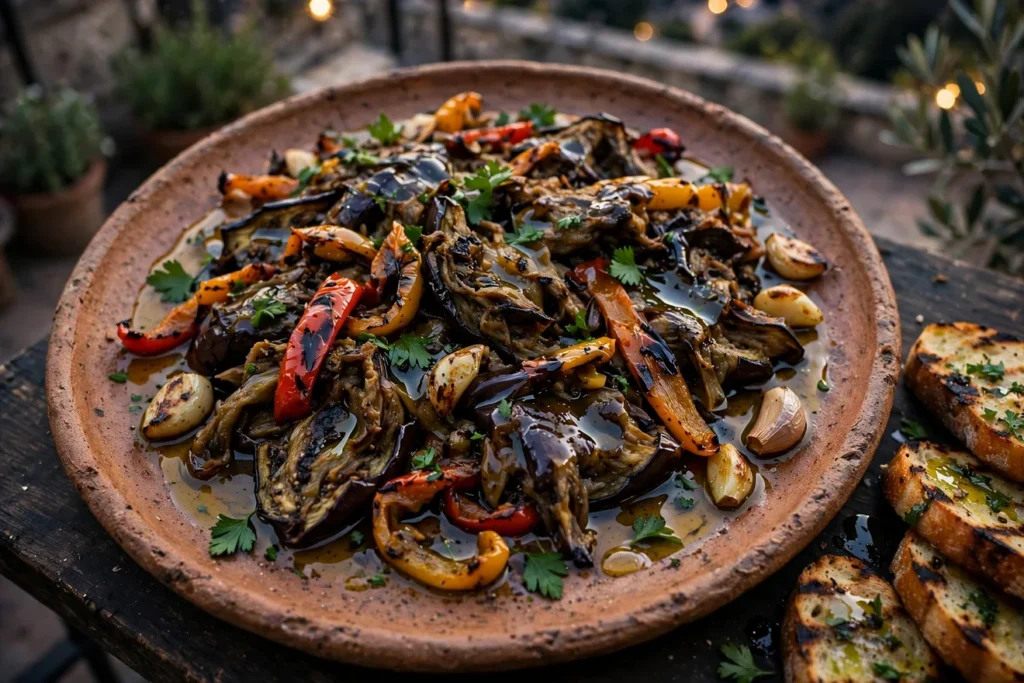 Grilled eggplant and peppers with garlic, herbs, and vinegar.