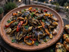 Grilled eggplant and peppers with garlic, herbs, and vinegar.