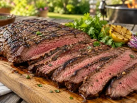 Grilled flank steak, sliced medium-rare on a cutting board with grilled lemon and herbs.