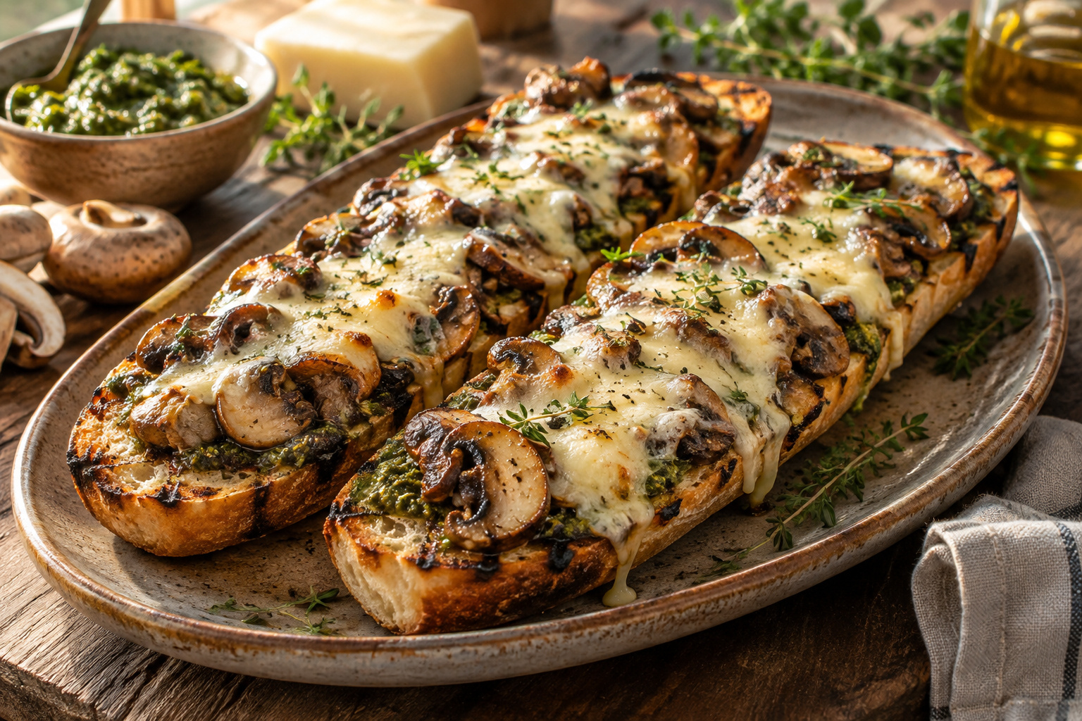 Grilled French Bread Pizza with Mushroom Pesto and Fontina Cheese