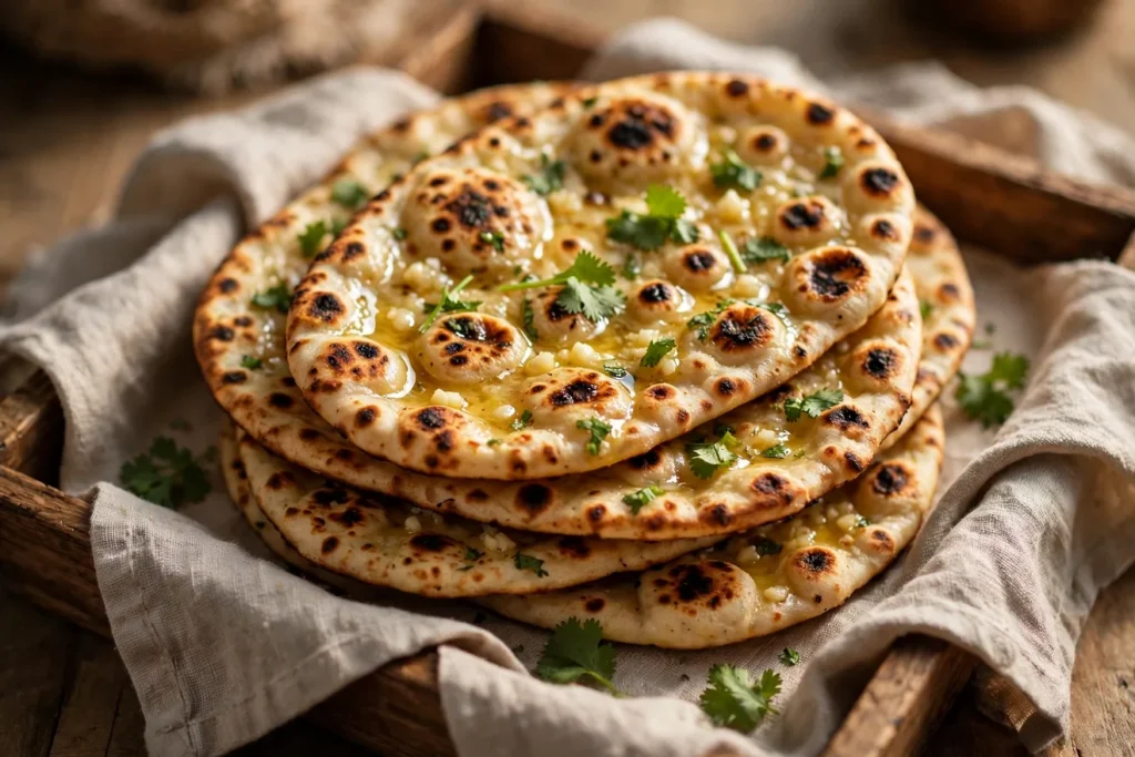 Garlic naan with grill blisters and fresh cilantro.
