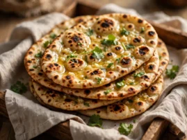 Garlic naan with grill blisters and fresh cilantro.
