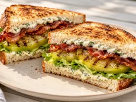 Grilled green tomato BLT sandwich with bacon, lettuce, and basil mayo.