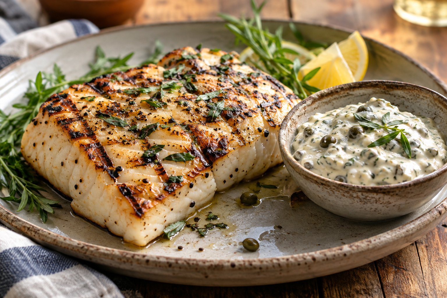 Grilled Halibut with Tarragon-Caper Mayonnaise