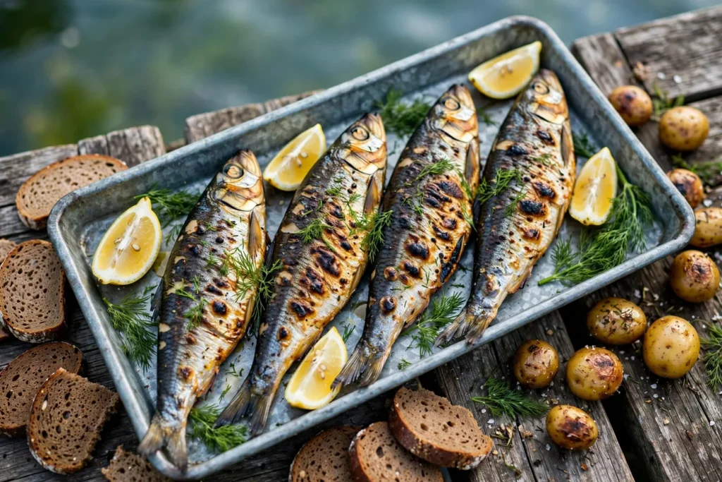 Grilled whole herring with onion, lemon, dill, rye bread, and potatoes.
