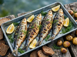 Grilled whole herring with onion, lemon, dill, rye bread, and potatoes.