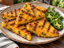 Grilled jalapeño cheddar polenta triangles with char marks and fresh jalapeño slices