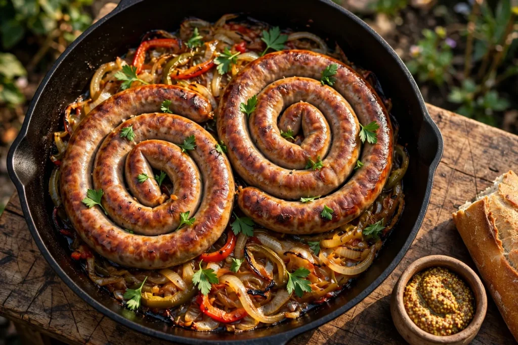 Grilled kupaty sausages with onions, peppers, herbs, and crusty bread.