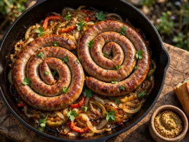Grilled kupaty sausages with onions, peppers, herbs, and crusty bread.