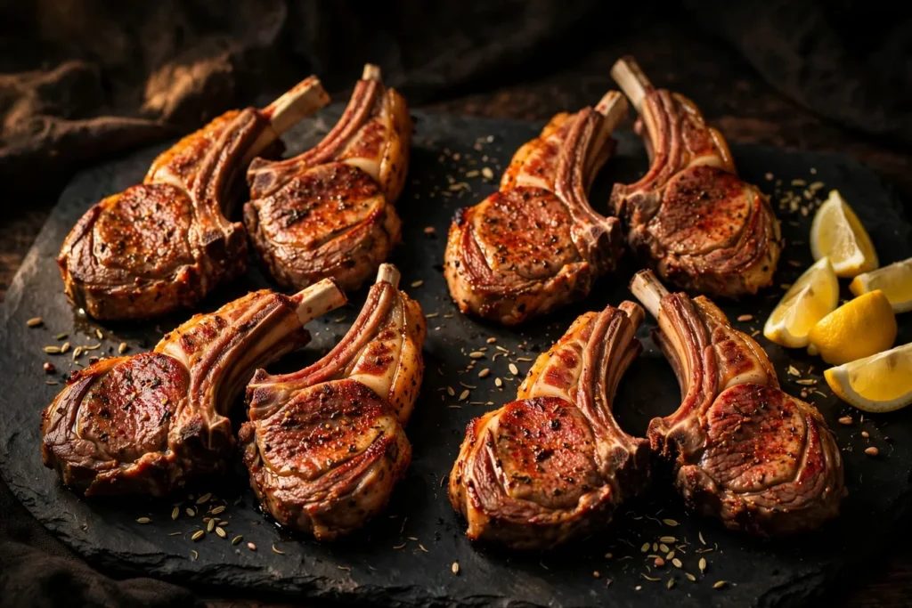 Grilled lamb loin chops seasoned with fennel and ginger.