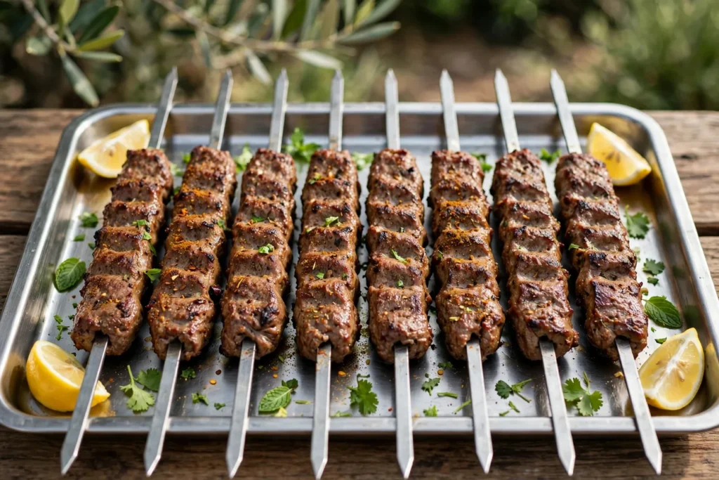 Grilled lamb seekh kebabs with mint, cilantro, and lemon.