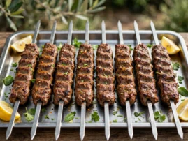 Grilled lamb seekh kebabs with mint, cilantro, and lemon.