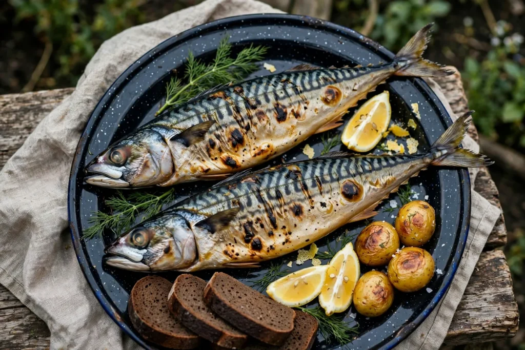 Grilled whole mackerel with lemon, onion, dill, black bread, and potatoes.