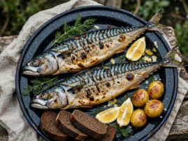 Grilled whole mackerel with lemon, onion, dill, black bread, and potatoes.