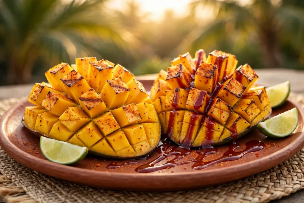 Grilled mango with chamoy, Tajín, and lime.