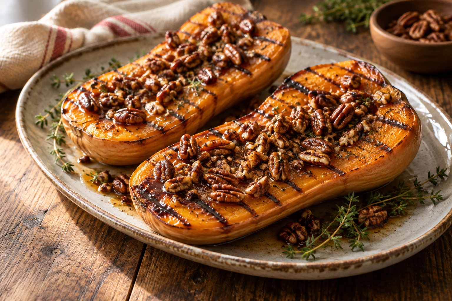 Grilled Maple and Pecan Topped Butternut Squash