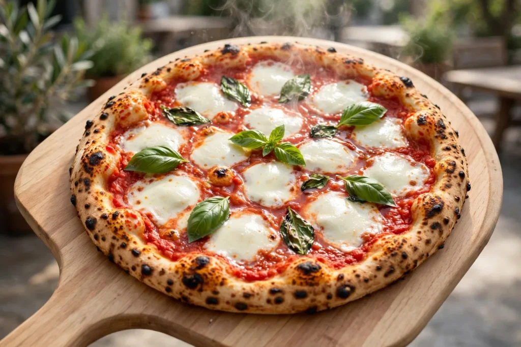 Grilled margherita pizza with tomato sauce, fresh mozzarella, and basil on a wooden peel.