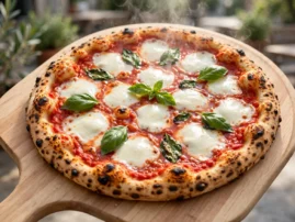 Grilled margherita pizza with tomato sauce, fresh mozzarella, and basil on a wooden peel.