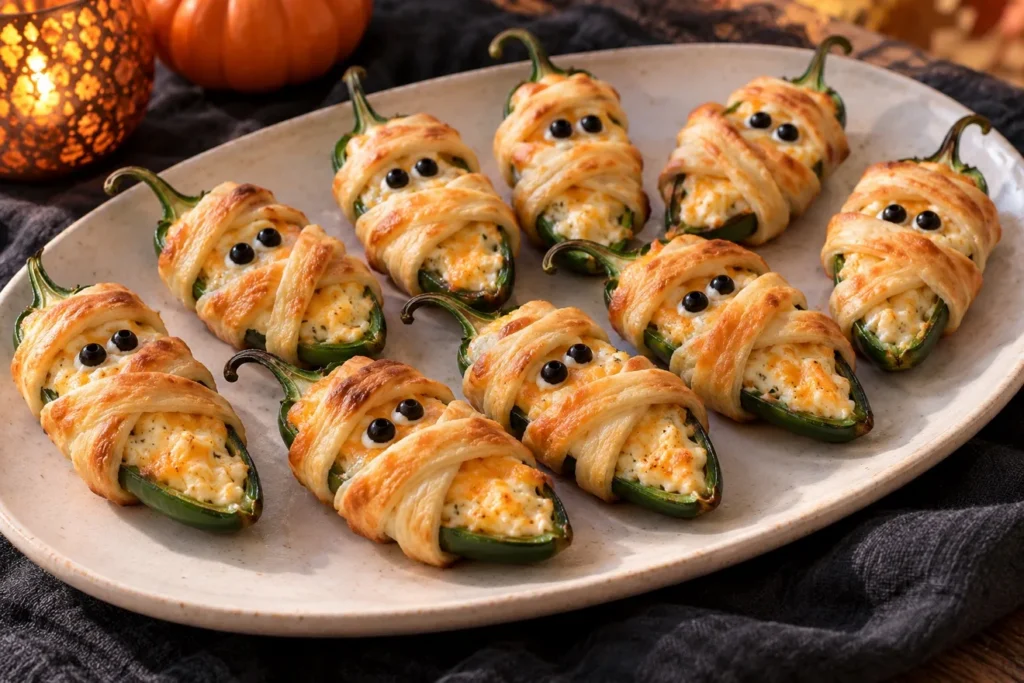 Grilled mummy jalapeño poppers wrapped in golden dough with black olive eyes.