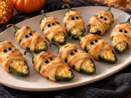 Grilled mummy jalapeño poppers wrapped in golden dough with black olive eyes.