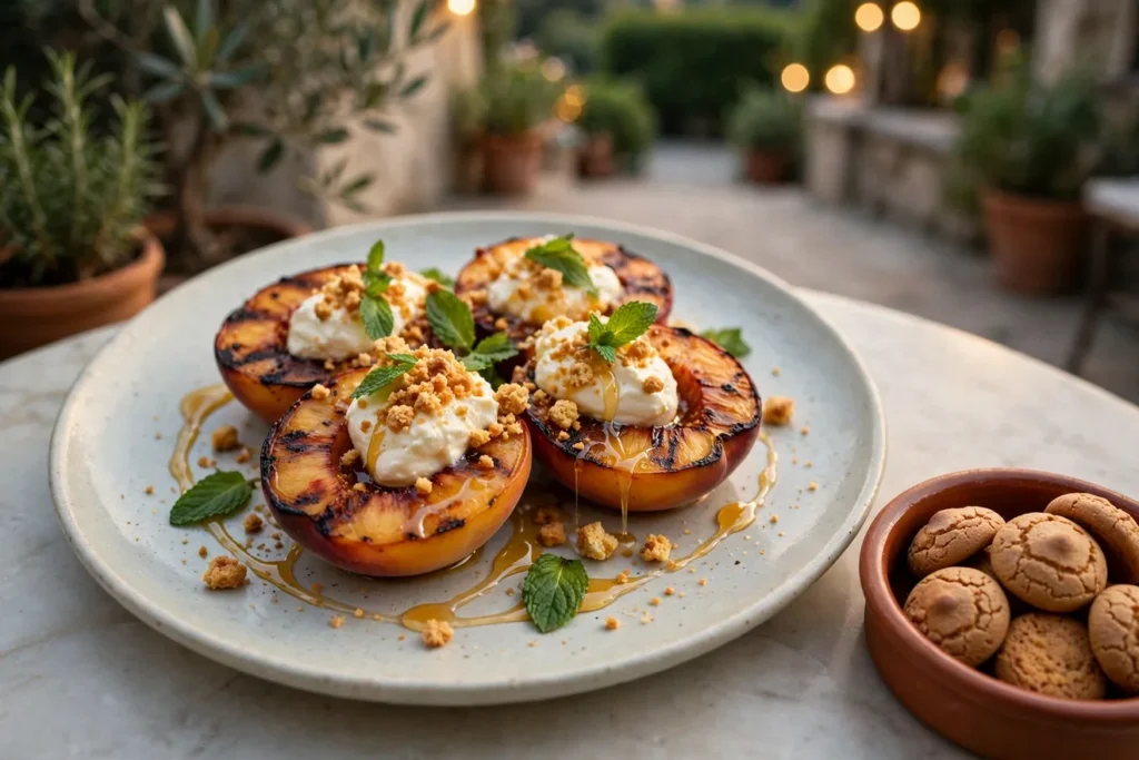Pesche alla griglia, grilled peaches with amaretti crumbs and mascarpone.