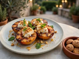 Pesche alla griglia, grilled peaches with amaretti crumbs and mascarpone.