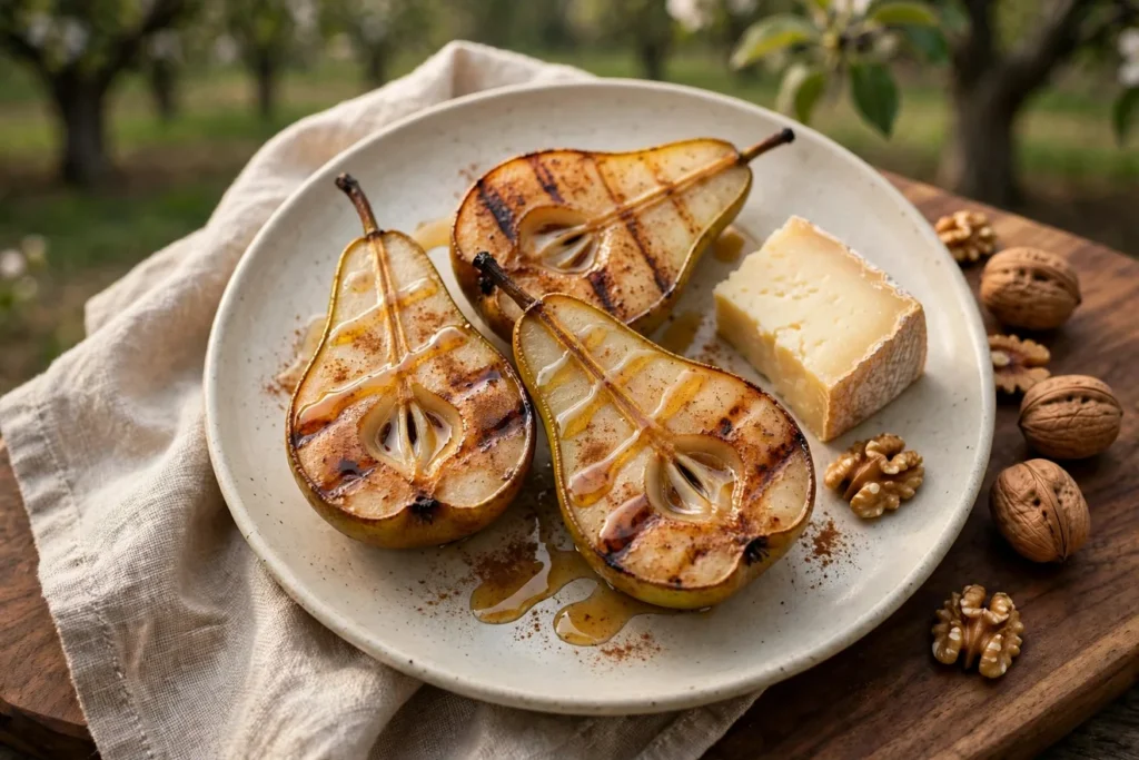 Grilled pears with honey and cinnamon, served with cheese and walnuts.