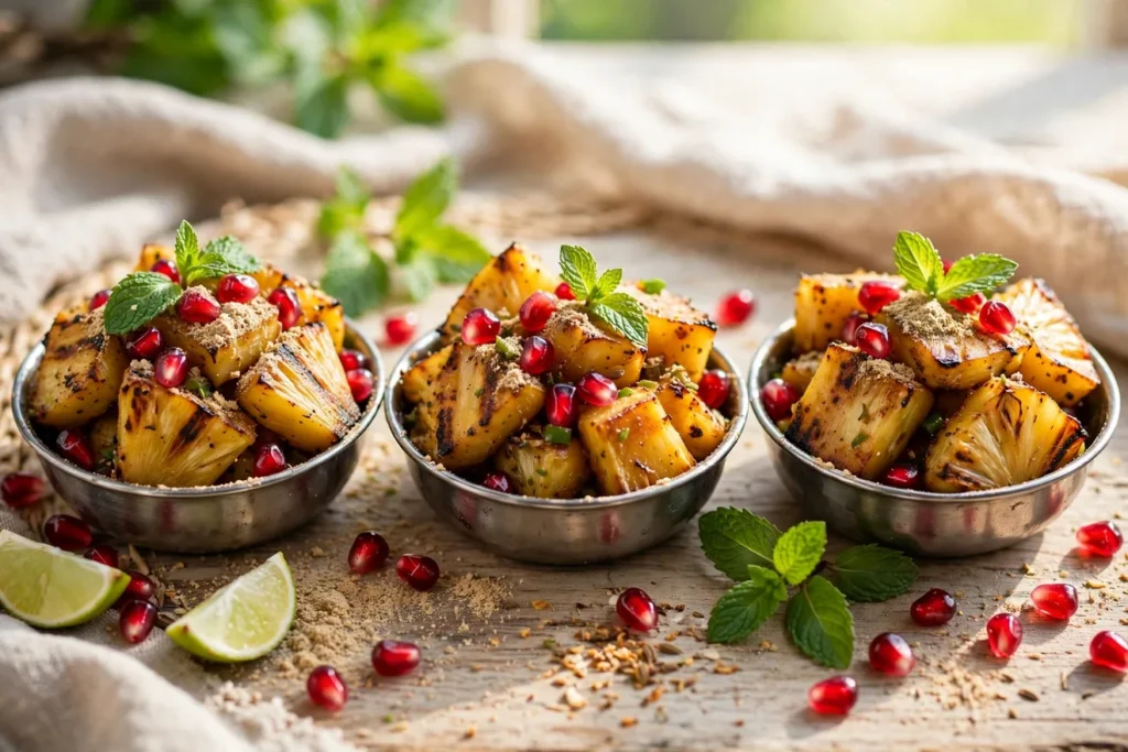 Grilled pineapple rings and spears with chaat spices and mint.