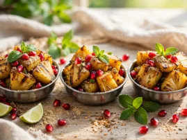 Grilled pineapple rings and spears with chaat spices and mint.