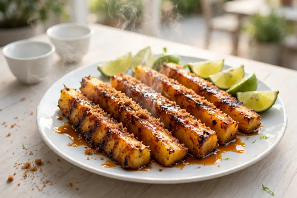 Grilled pineapple with spiced sugar, five-spice, and cinnamon, caramelized on the grill.