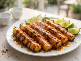 Grilled pineapple with spiced sugar, five-spice, and cinnamon, caramelized on the grill.