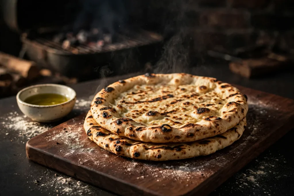 Two grilled pizza crusts with blistered, lightly charred edges, stacked on a dark walnut board.