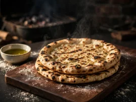 Two grilled pizza crusts with blistered, lightly charred edges, stacked on a dark walnut board.