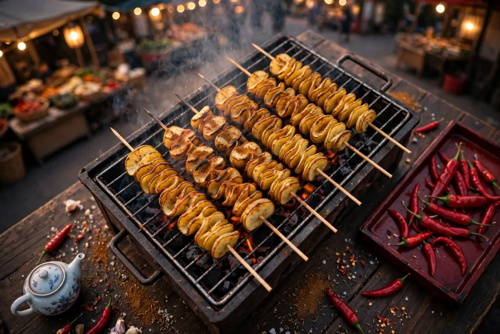 Grilled potato skewers, shaokao style, with a cumin-chile dusting.