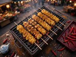 Grilled potato skewers, shaokao style, with a cumin-chile dusting.
