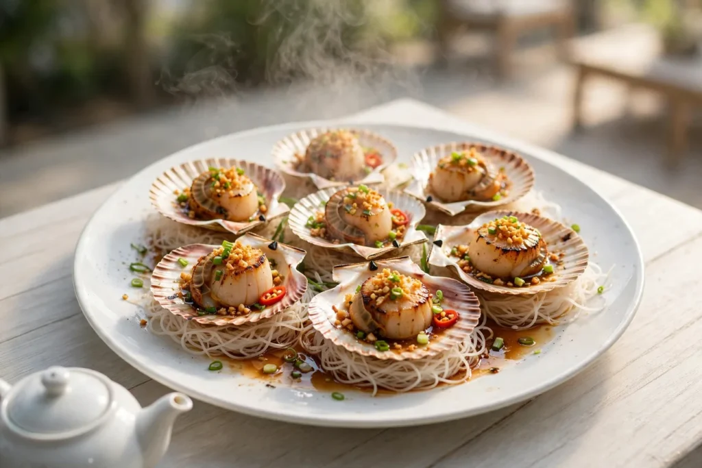 Grilled scallops with garlic vermicelli in the half shell, with golden garlic and soy.