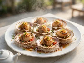 Grilled scallops with garlic vermicelli in the half shell, with golden garlic and soy.
