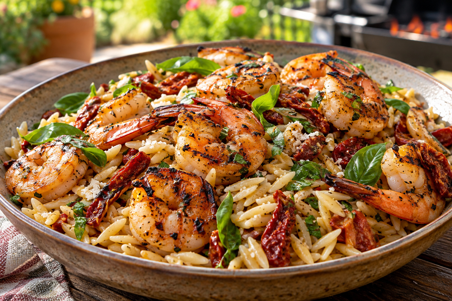Grilled Shrimp with Sun-dried Tomato Orzo Pasta